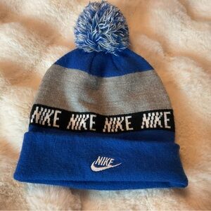 NIKE•Kids Blue and Gray Beanie with Pom-Pom